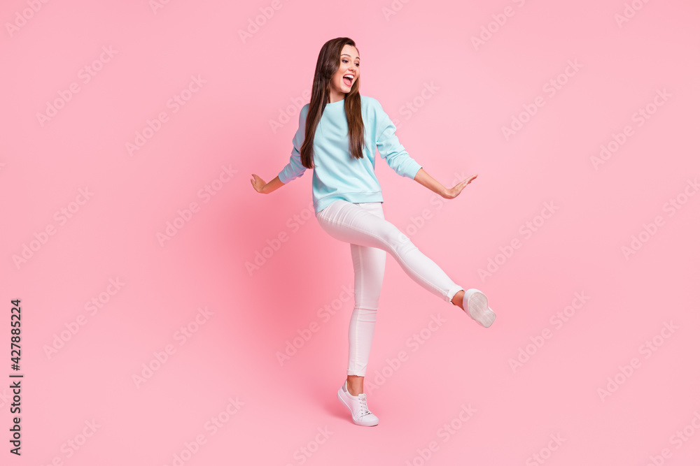 Full body portrait of attractive person enjoy vacation open mouth isolated on pastel pink color background Full body portrait of attractive person enjoy vacation open mouth isolated on pastel pink color background