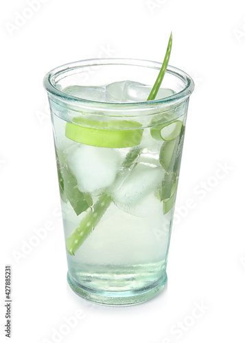 Fresh aloe drink with ice cubes in glass isolated on white