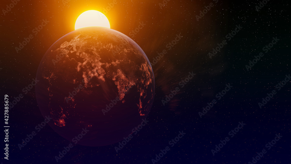 Fototapeta premium beautiful planet earth in space city lights solar disk. 3d render.