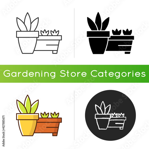 Flower pots and flower beds icon. Place to grow plants inside house. Gardening equipment and tools. Growing beautiful plants. Linear black and RGB color styles. Isolated vector illustrations