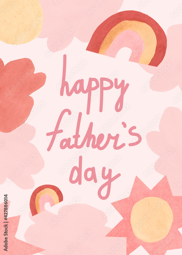 Watercolor Father's Day card with hand written lettering.Poster with father and child of different races with greeting in boho style.Design in pastel pink colors for social media,packaging.