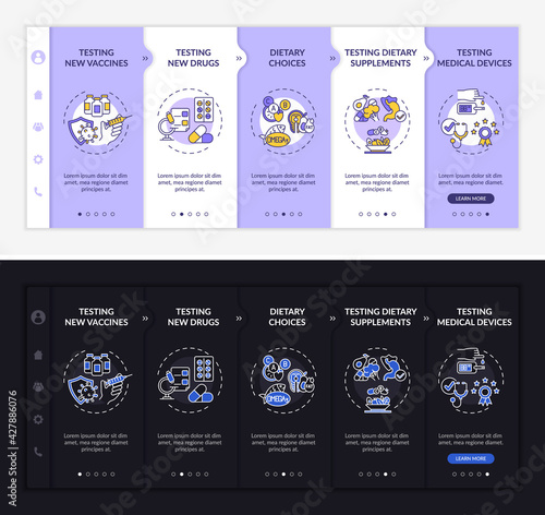 Research kinds onboarding vector template. Responsive mobile website with icons. Web page walkthrough 5 step screens. Medical devices, vaccines night and day mode concept with linear illustrations