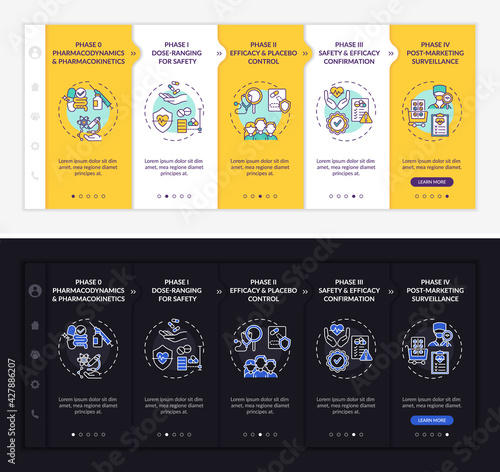 Investigation stages onboarding vector template. Responsive mobile website with icons. Web page walkthrough 5 step screens. Efficacy, placebo control night day mode concept with linear illustrations