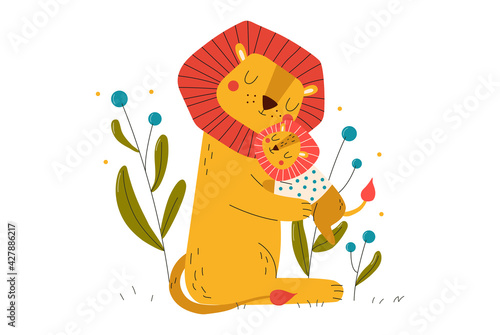 Animals baby, mom with lion cub in zoo, happy family, funny drawing, design cartoon style vector illustration, isolated on white.