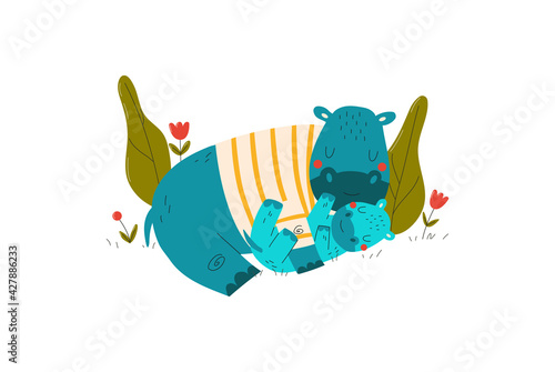 Animals baby, happy mother with little hippo, funny hand-drawn character, cartoon style vector illustration, isolated on white.