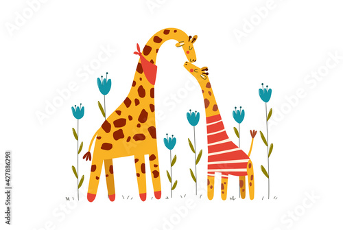 Animals baby, cute giraffes, mom and son, happy family, animal world, wildlife, cartoon vector illustration, isolated on white.