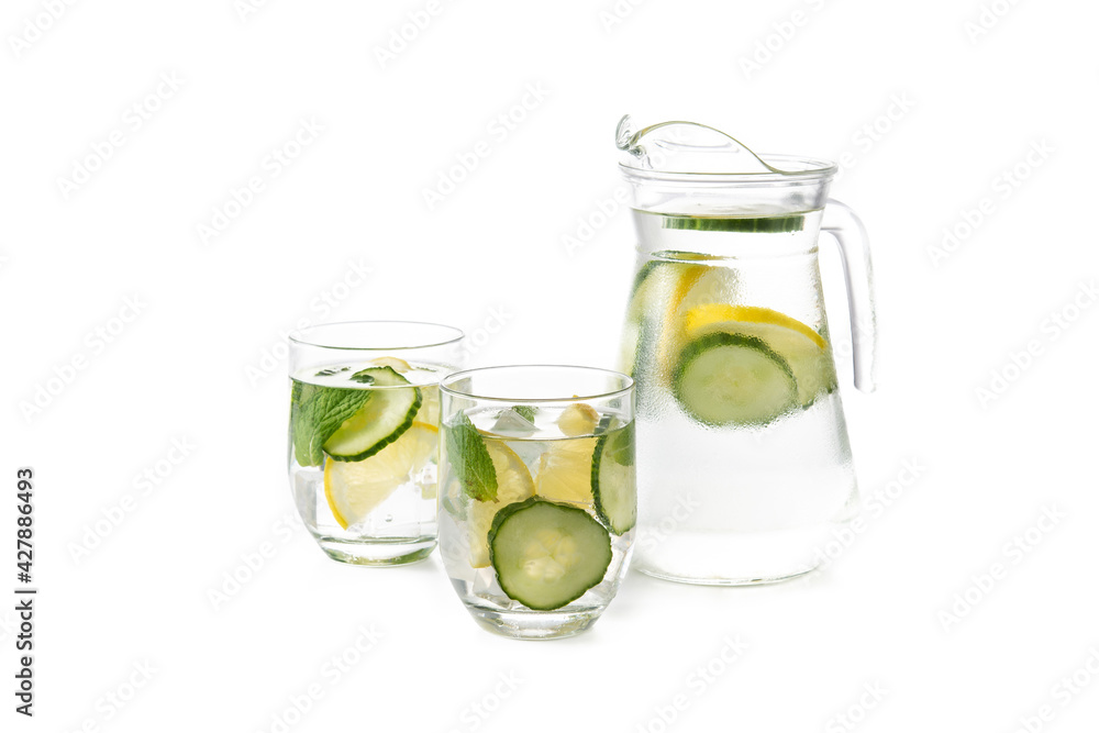 Sassy water or water with cucumber and lemon isolated on white background Sassy water or water with cucumber and lemon isolated on white background