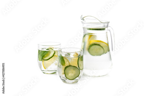 Sassy water or water with cucumber and lemon isolated on white background