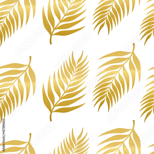 Elegance seamless pattern with tropical leaves in golden. African theme. Palm branch. For textile, cover. wrapping paper. Vector illustration.