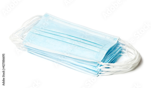 Package of surgical face masks isolated on white background with clipping path. Disposable medical respiratory surgical face masks