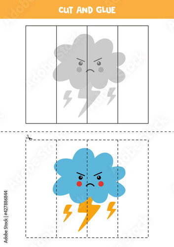 Cut and glue game for kids. Angry cloud with lightning.