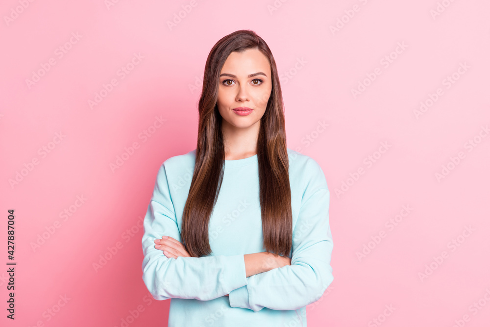 Photo of gorgeous attractive young woman folded hands calm face wear blue jumper isolated on pastel pink color background Photo of gorgeous attractive young woman folded hands calm face wear blue jumper isolated on pastel pink color background
