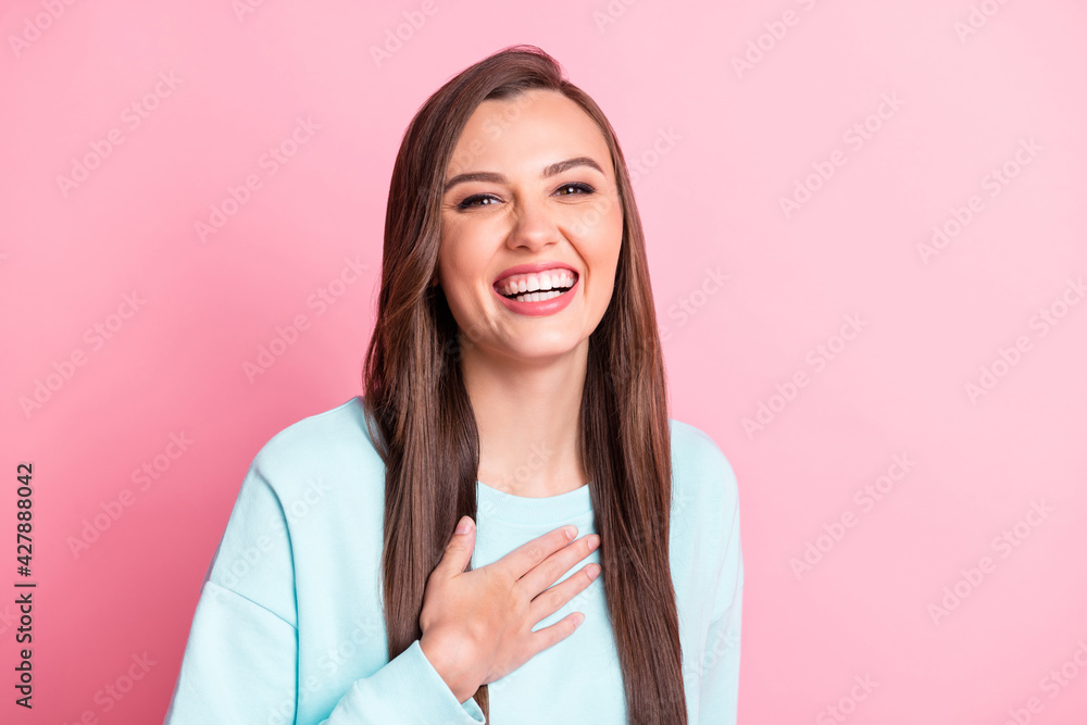 Photo of cheerful charming young woman beaming laugh funny joke isolated on shine pink color background Photo of cheerful charming young woman beaming laugh funny joke isolated on shine pink color background