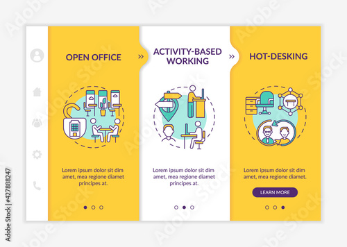 Futuristic office environments onboarding vector template. Responsive mobile website with icons. Web page walkthrough 3 step screens. Open space, hot-desking color concept with linear illustrations