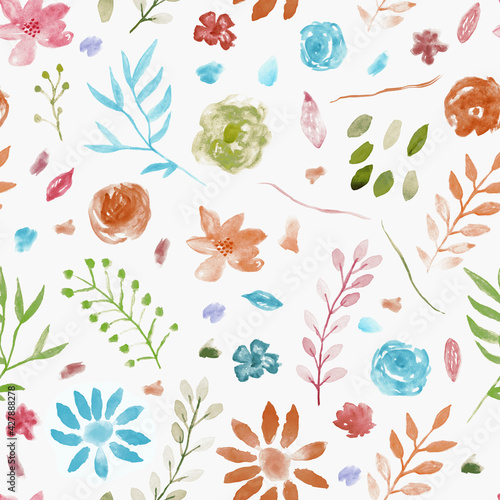 Fototapeta Naklejka Na Ścianę i Meble -  Floral Hand drawn Watercolor isolated on white canvas with high resolution texture, seamless pattern
