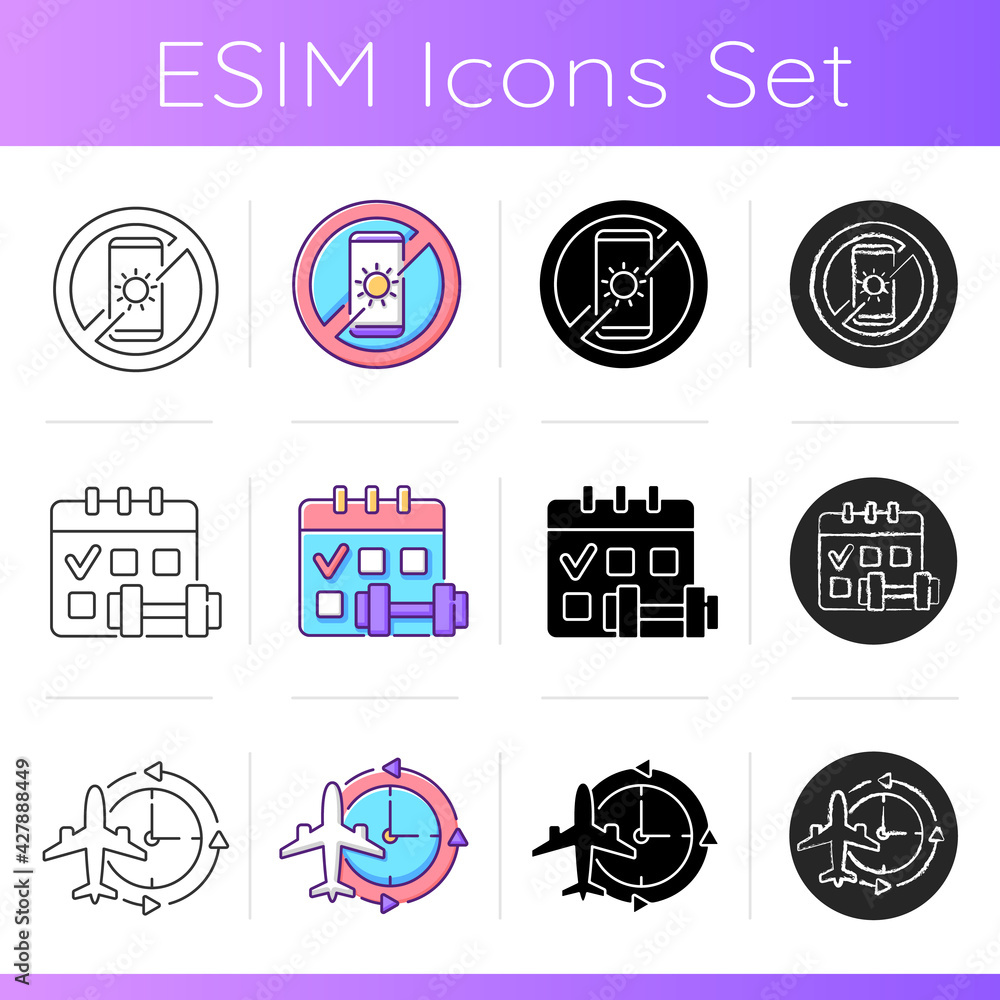 Causes for insomnia icons set. No device before sleep. Regular exercise schedule on calendar. Jet lag as reason for sleeplessness. Linear, black and RGB color styles. Isolated vector illustrations Causes for insomnia icons set. No device before sleep. Regular exercise schedule on calendar. Jet lag as reason for sleeplessness. Linear, black and RGB color styles. Isolated vector illustrations