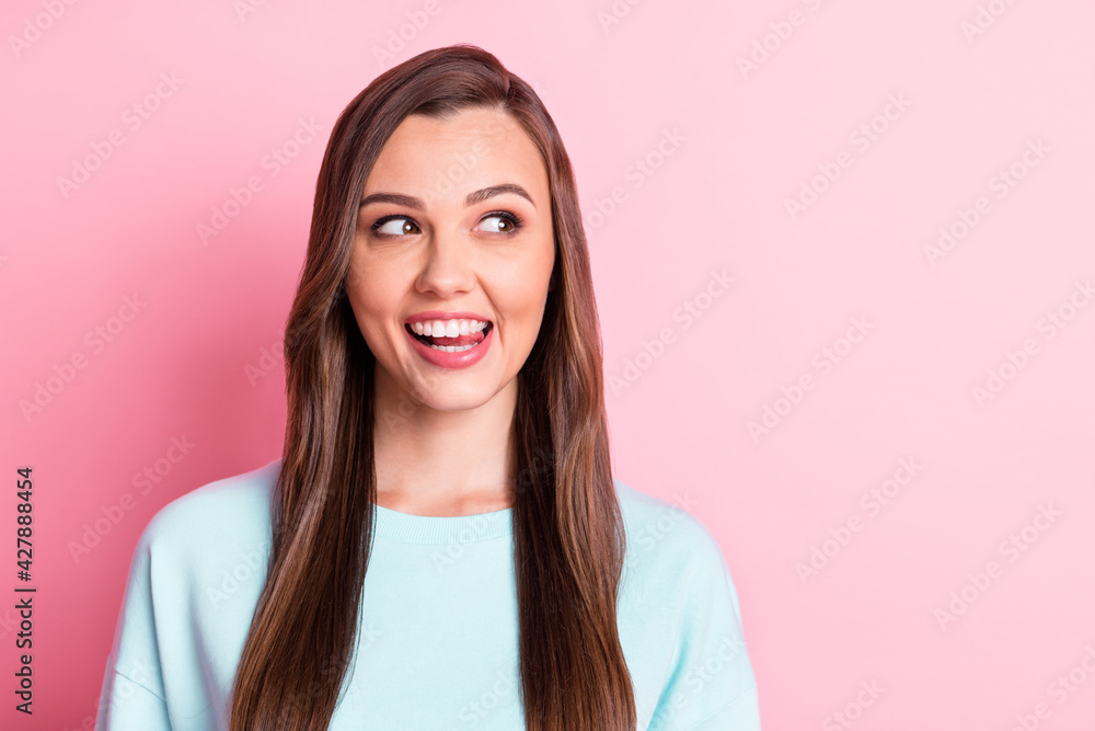 Photo of attractive young woman look copyspace imagine idea plan look empty space isolated on pink color background Photo of attractive young woman look copyspace imagine idea plan look empty space isolated on pink color background