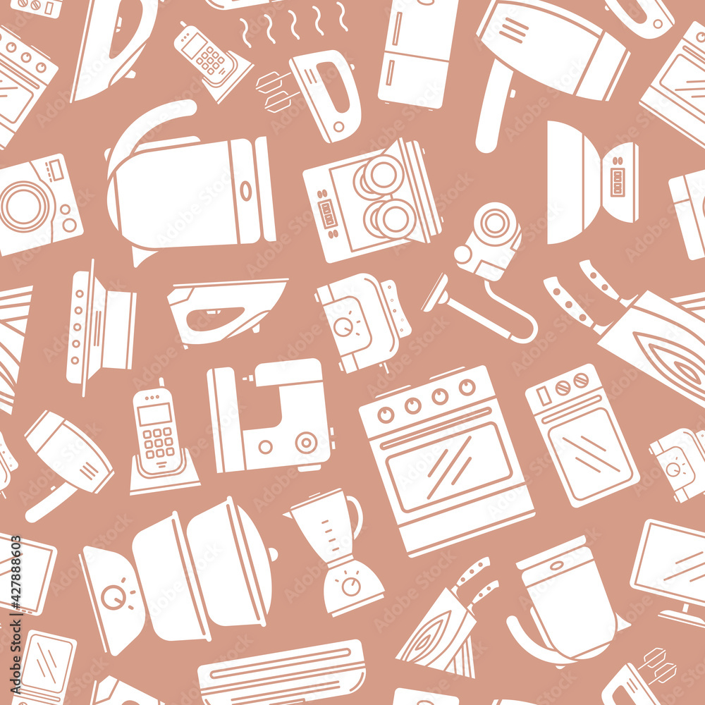 Home machines - Vector background (seamless pattern) of silhouettes refrigerator, vacuum, microwave, blender, oven, kettle and other appliances for graphic design Home machines - Vector background (seamless pattern) of silhouettes refrigerator, vacuum, microwave, blender, oven, kettle and other appliances for graphic design