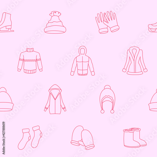 Winter clothing - Vector background (seamless pattern) of scarf, cap, jacket, sweater, coat, mitten, and other clothes for graphic design