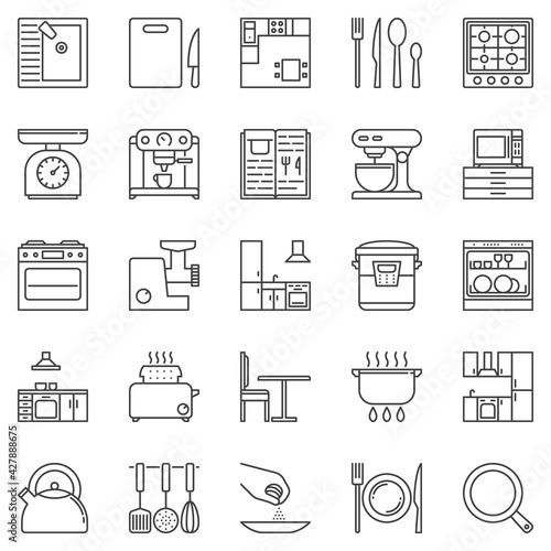 Kitchen outline icons set - vector Appliances and Utensils signs