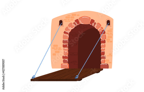 Wooden bridge, drawbridge to medieval castle over moat with water, design cartoon style vector illustration, isolated on white.