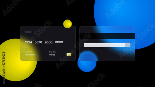 Glassmorphism Banking Card Front and Back Vector Mockup. Digital Payment Card Template