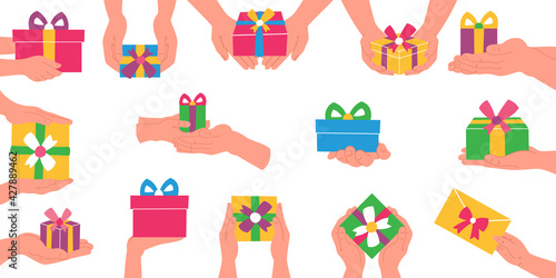 Vector flat illustration of congratulation with gift box in hands