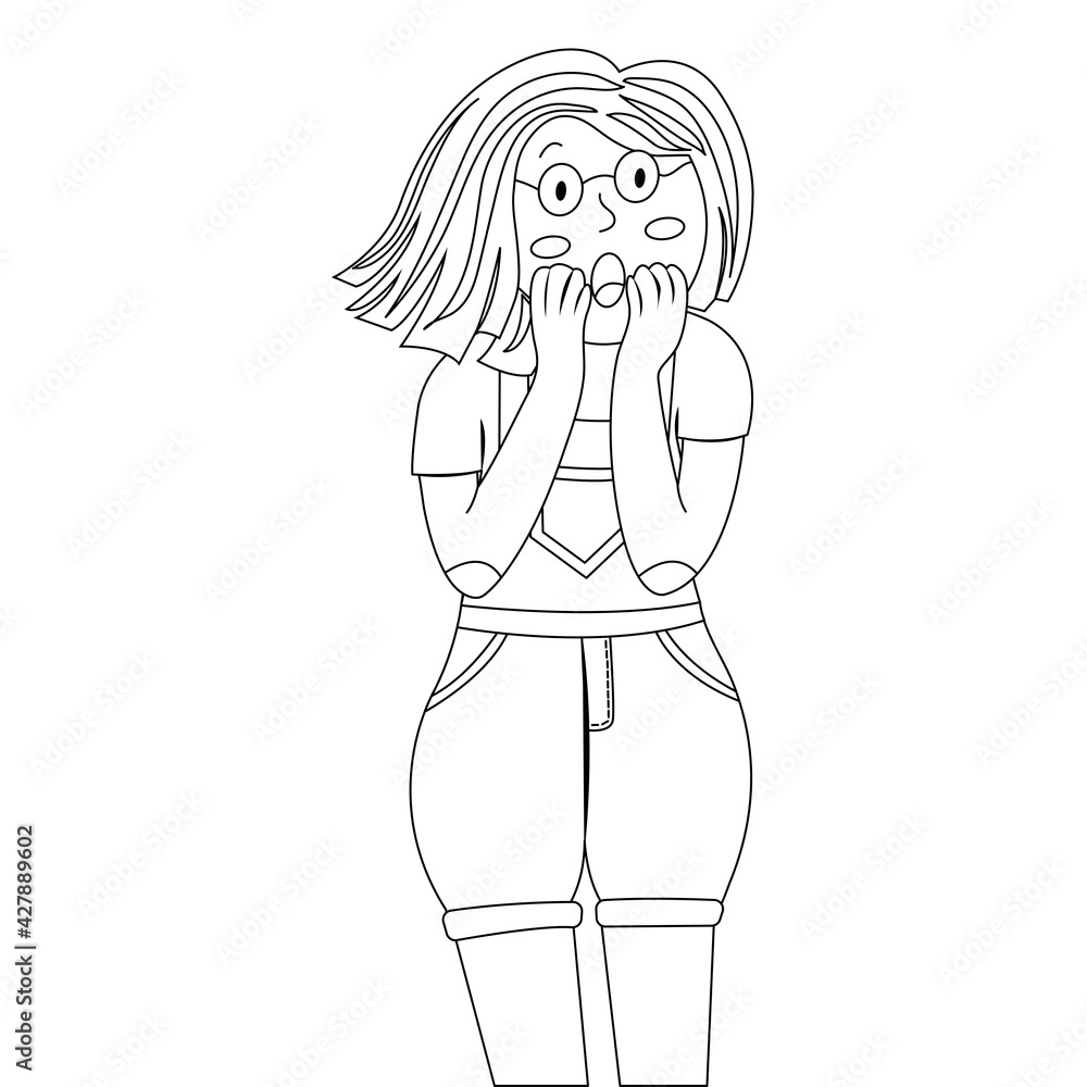 Young scared girl in doodle style. The girl is dressed in denim overalls. Frightened girl with open mouth. Vector hand drawn illustration. Young scared girl in doodle style. The girl is dressed in denim overalls. Frightened girl with open mouth. Vector hand drawn illustration.