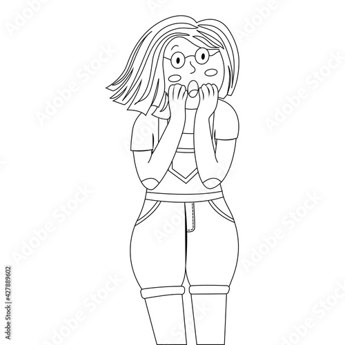 Young scared girl in doodle style. The girl is dressed in denim overalls. Frightened girl with open mouth. Vector hand drawn illustration.