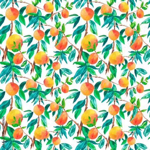 Seamless watercolor pattern with peaches. Summer,botanical print with delicious fruit in orange on white isolated hand painted background.Designs for textiles,fabric,wrapping paper,web,social media.