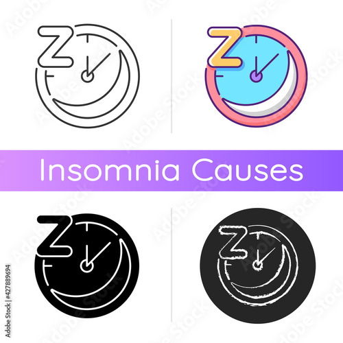 Regularity icon. Sleep schedule. Nighttime on clock. Bedtime on watch dial. Time for relaxation. Moon phase. Overnight rest. Linear black and RGB color styles. Isolated vector illustrations