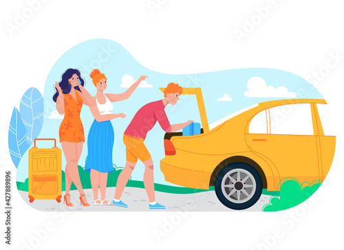 Business travel, happy people, summer family car trip, vehicle, design cartoon style vector illustration, isolated on white.
