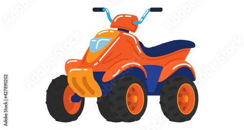 Orange atv, four-wheeled transport, classic motorbike, adventure riding, cartoon style vector illustration, isolated on white.
