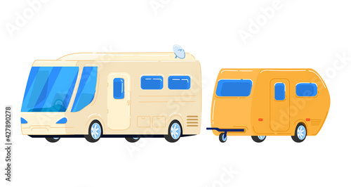 Cars, truck, motorhome, tiny trailer for travel, small trailer, economy tourism, cartoon vector illustration, isolated on white.