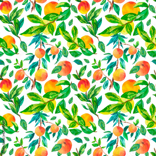 Seamless watercolor pattern with peaches. Summer,botanical print with delicious fruit in orange on white isolated hand painted background.Designs for textiles,fabric,wrapping paper,web,social media. © Мария Минина