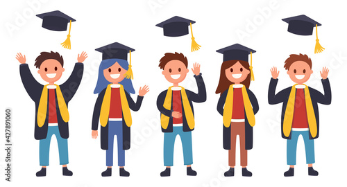 Girls and boys graduates are standing. Guys throw up hats, college graduation, last day of school, men and women are very happy, flat