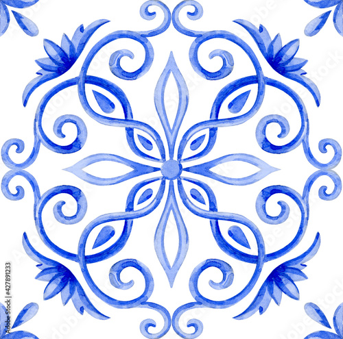 Abstract blue and white hand drawn tile seamless ornamental watercolor paint pattern. Watercolor illustration.