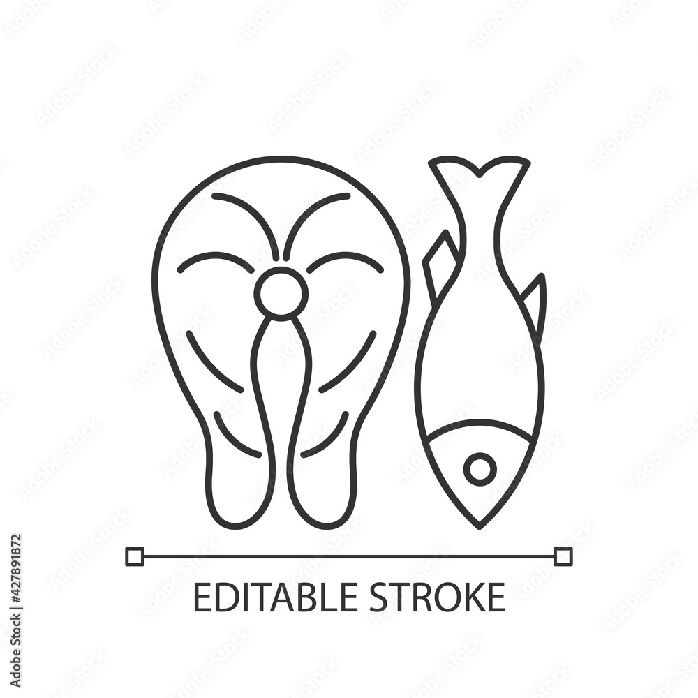 Fish linear icon. Marine food ingredient. Raw salmon, cooked tuna. Common allergen. Allergy