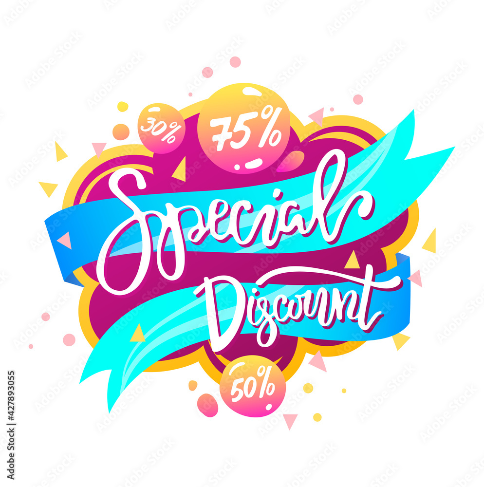 Bright discount banner, summer sale lettering on poster, product promotion, design cartoon vector illustration, isolated on white.