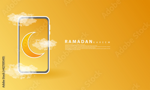 Ramadan background which contains cloud, moon and cellphone elements