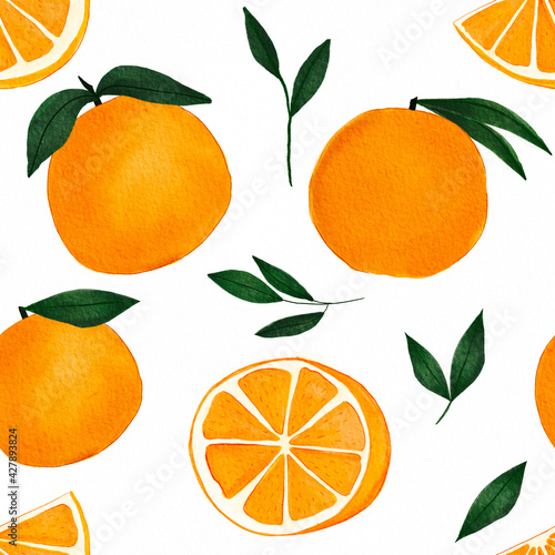 Watercolor orange citrus fruit and leaves seamless pattern. Tropical illustration on white background photo
