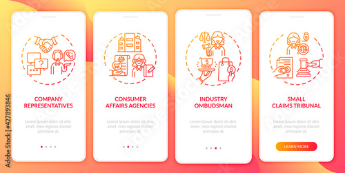 Client protection services onboarding mobile app page screen with concepts. Consumer affair agency walkthrough 4 steps graphic instructions. UI, UX, GUI vector template with linear color illustrations