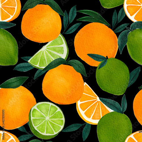 Hand drawn watercolor orange and lime citrus fruit with tree branchess. Seamless pattern on black background. Illustration photo