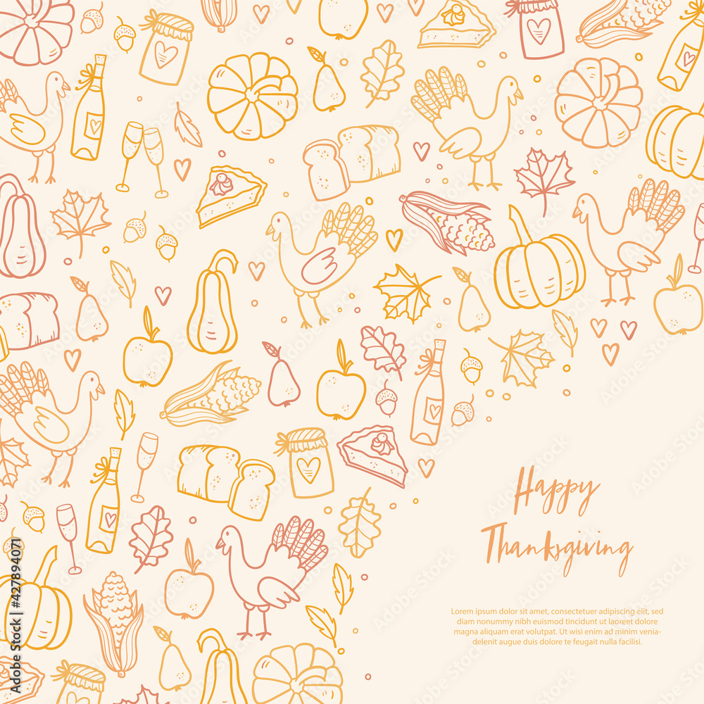 Lovely hand drawn Thanksgiving design, cute doodle background, great for banners, wallpapers, wrapping, textiles - vector design