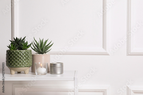 Beautiful Haworthia and Aloe in pots on white table, space for text. Different house plants