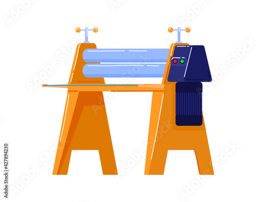 Electric machines in production, planer for wood, thickness stripping equipment, cartoon vector illustration, isolated on white.