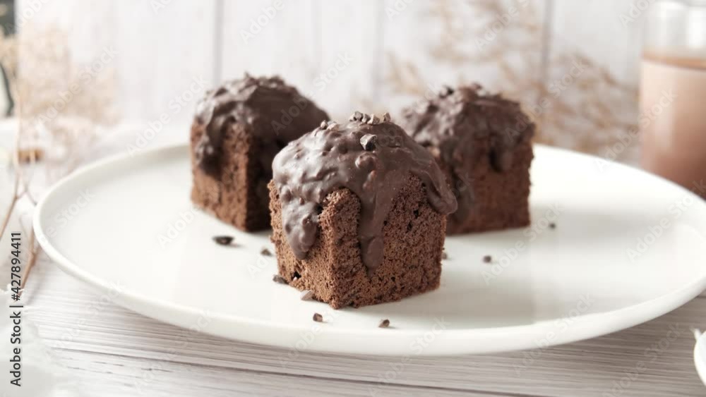 Chocolate Cube pound cake set on cafe table. Chocolate Cube pound cake set on cafe table.