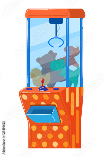 Soft toy vending machine, winning prize, game entertainment, design cartoon style vector illustration, isolated on white.
