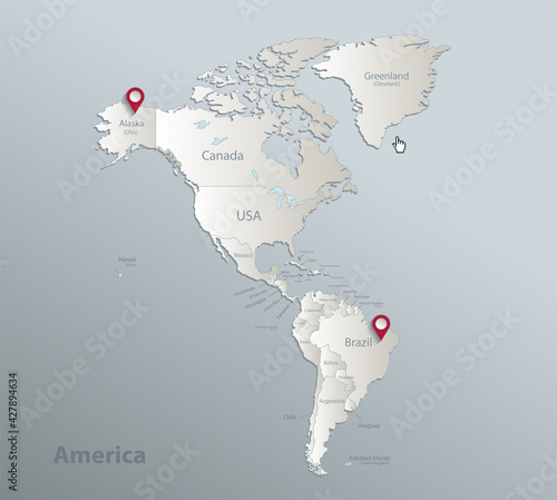 America map, separates states with names, blue white card paper 3D vector