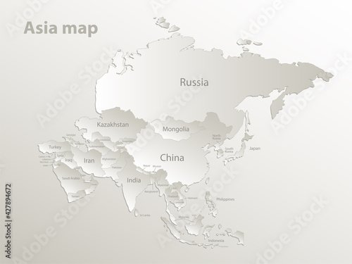 Asia map, separates states and names, card paper 3D natural vector